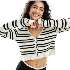 Full Tilt cardigan Black cream Ribbed Crop knit sweater ruffled XS super soft